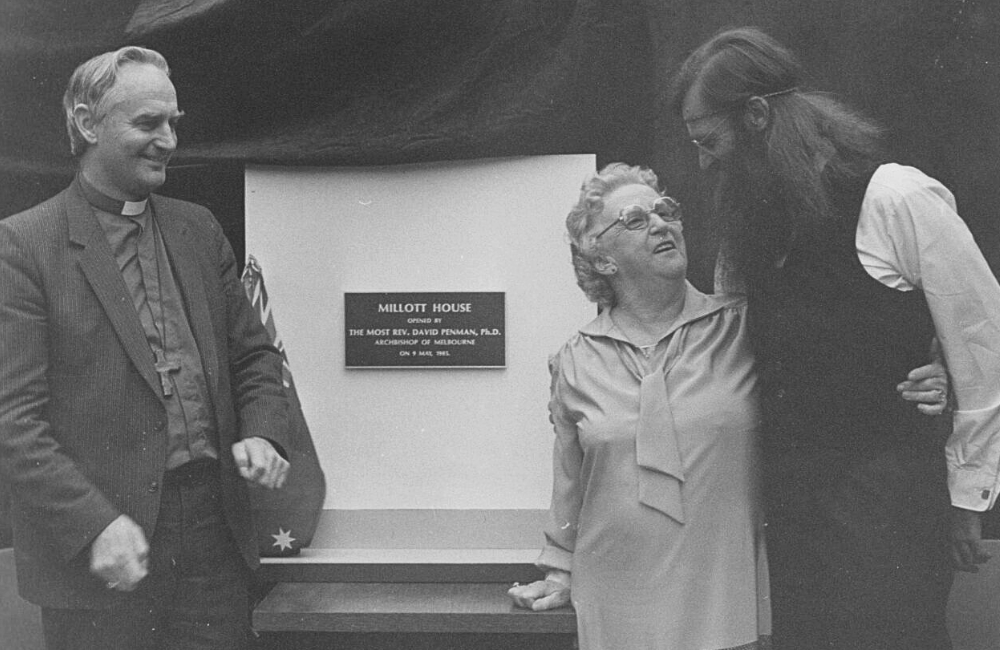 	Archbishop David Penman and Jess Millott at naming of Millott House 1985