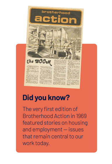 Celebrating 100 edition - Black-and-white archival newspaper page from an early Brotherhood of St. Laurence publication, featuring text columns and a bold Brotherhood Action heading.