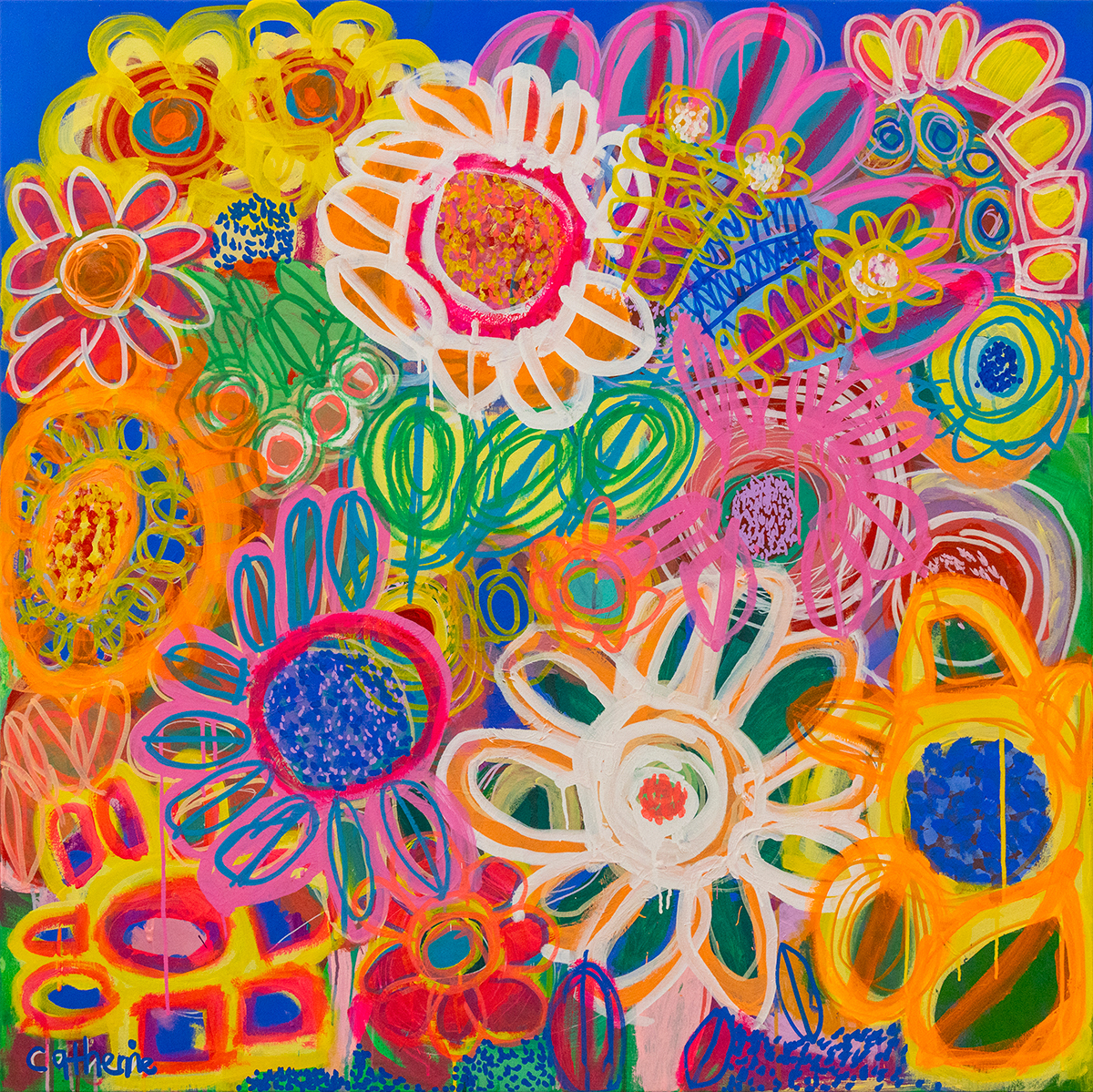 Bright abstract painting of overlapping, loosely drawn flowers in vivid rainbow colours, with bold brushstrokes and layered shapes filling the canvas.