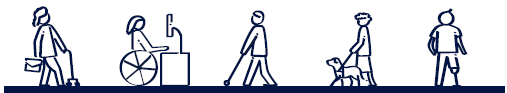 Line illustration of people using different mobility aids, including a wheelchair, cane and guide dog, representing accessibility and disability inclusion as part of diversity, equity and inclusion.