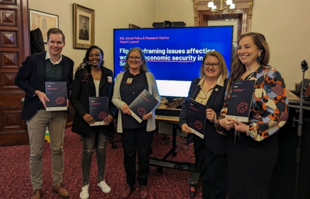 Left to right: BSL’s Executive Director Trav McLeod with Dr Margaret Kabare, Dr Dina Bowman, Minister for Women Natalie Hutchins MP, and Rebecca Pinney Meddings at the launch of the 'Flip it!’ report. They are all smiling at the camera