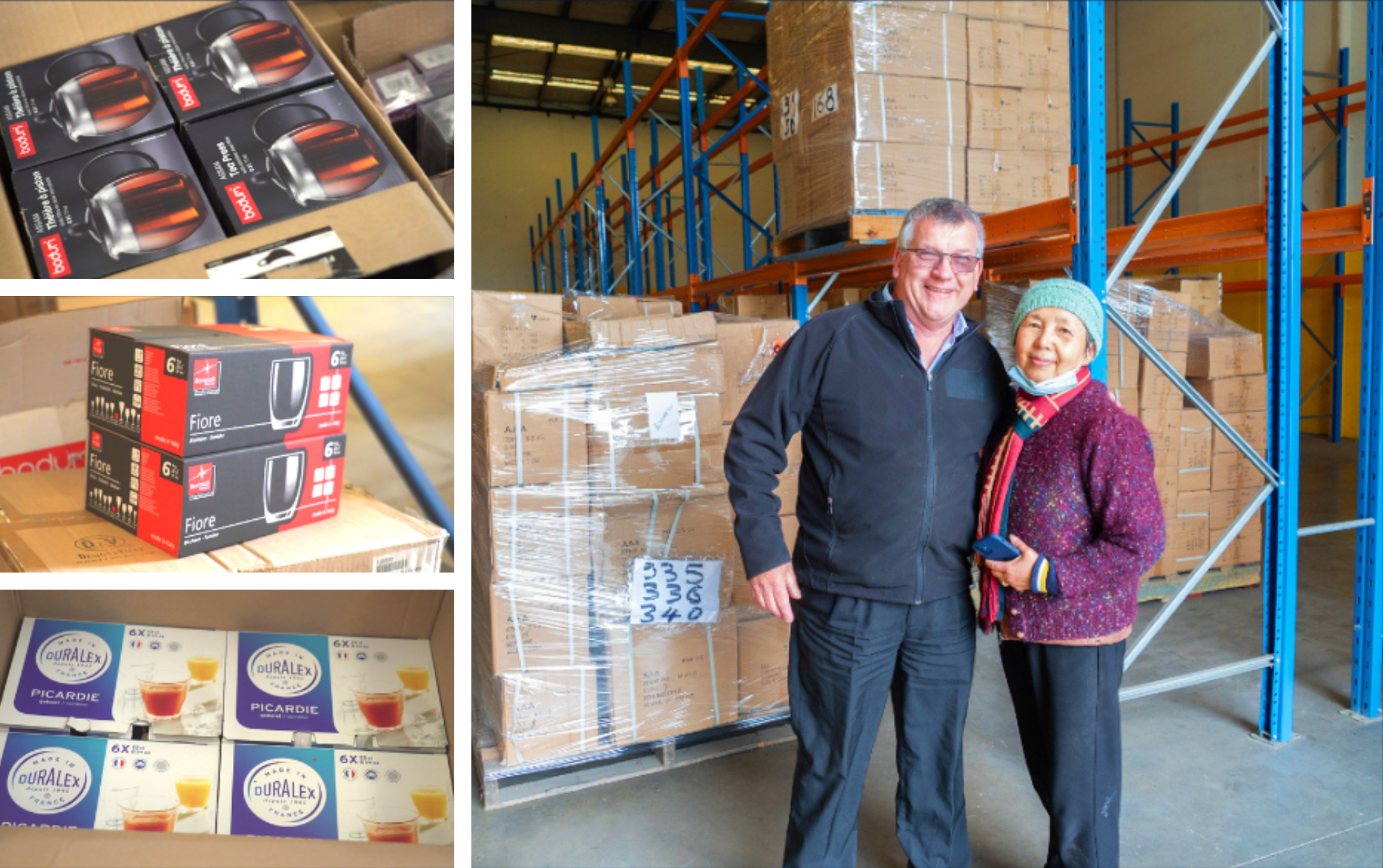 BSL Logistics Operations Manager Kevin and Le standing in front of a pallets at our warehouse