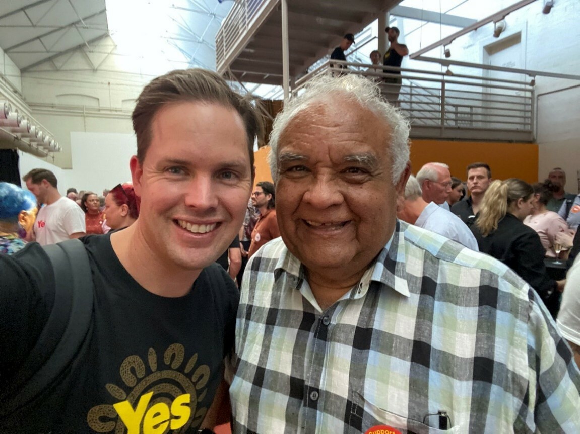 BSL’s Executive Director Travers McLeod and Professor Tom Calma AO smiling at the camera at the YES campaign launch in Adelaide.