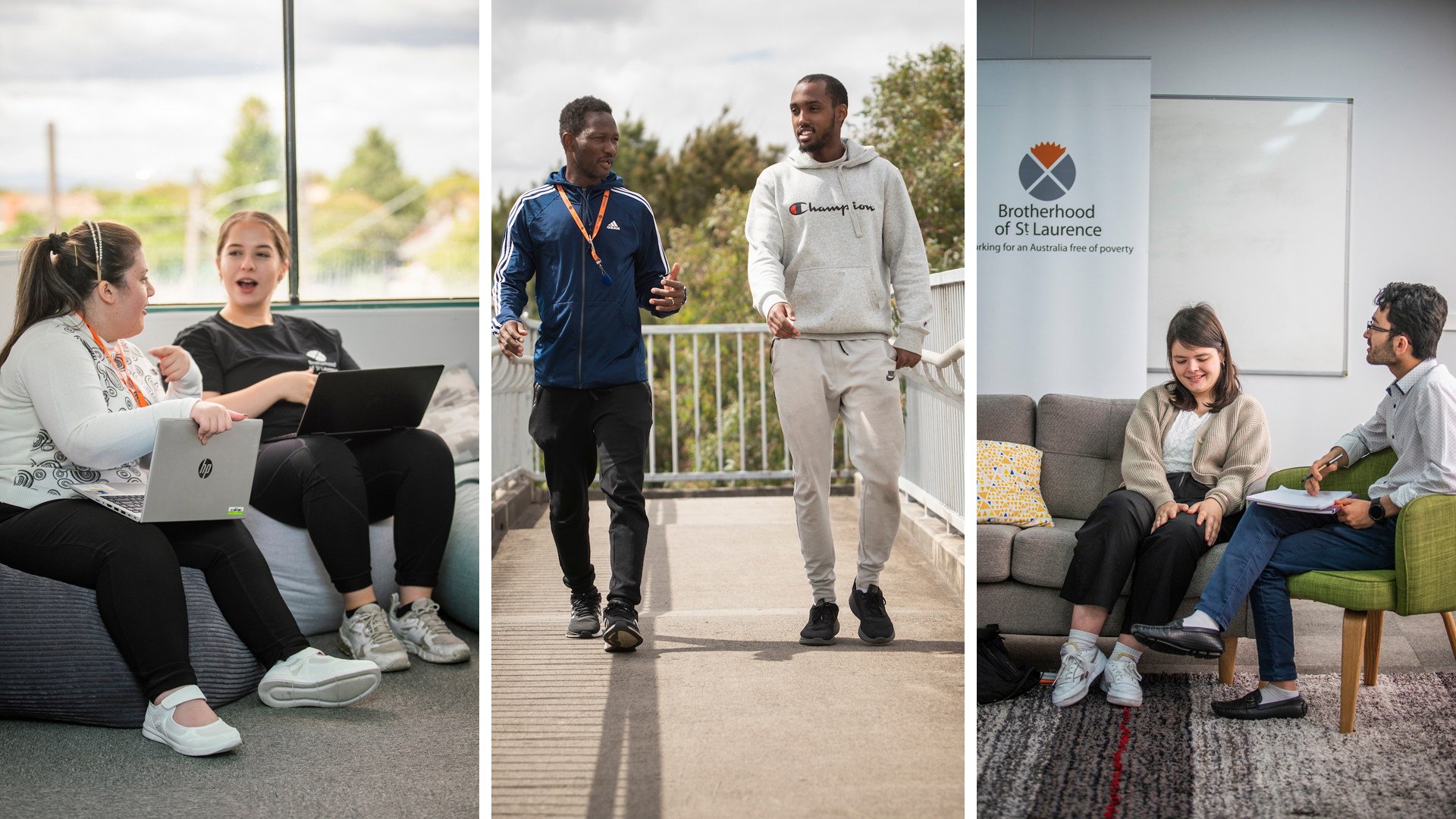 3 Panel Image: Panel 1: Two young female participants sitting on the couch, having a conversation while holding laptops on their laps. Panel 2:	Two young male participants walking while having a conversation. Panel 3: A young participant and a youth advisor sitting on the couch with the BSL banner on the background.