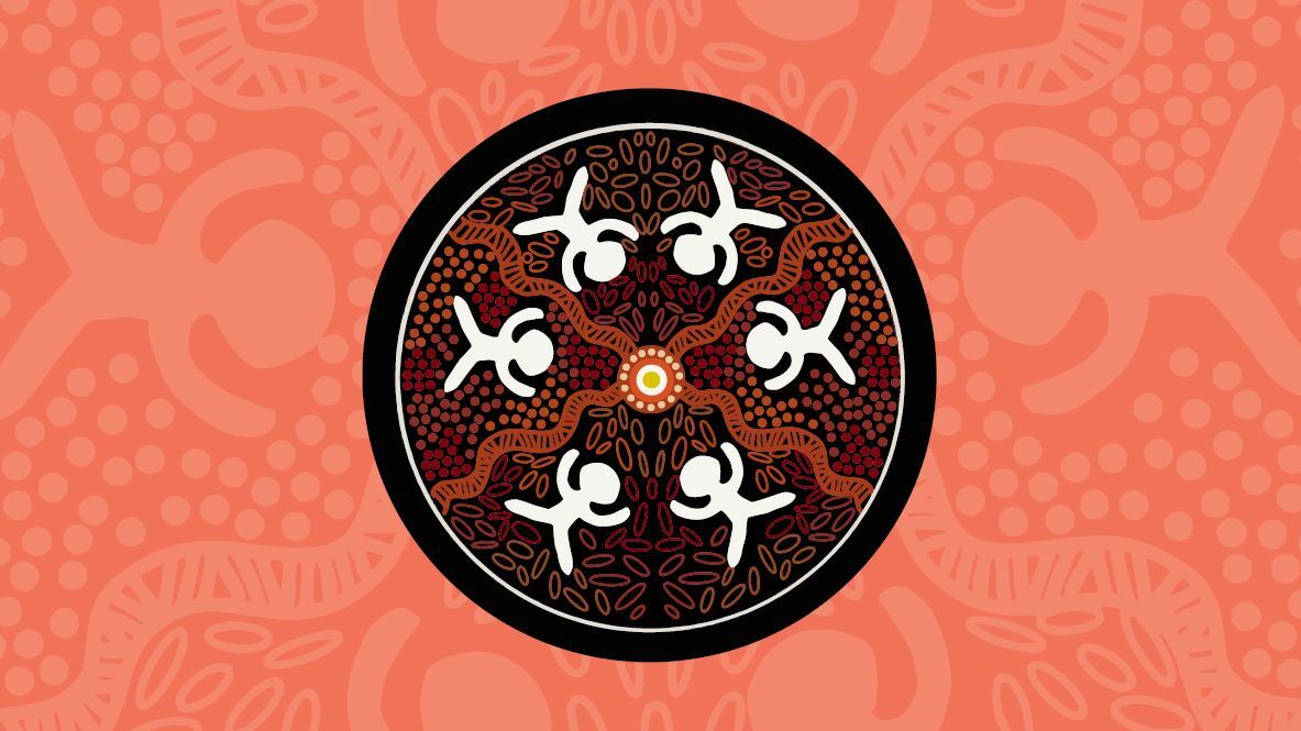 An image of the BSL RAP Logo inset on an orange/coral coloured bakground. The logo is circular and is coloured black, white, orange, brown and an earthy red. It is drawn in the style of Aboriginal art.