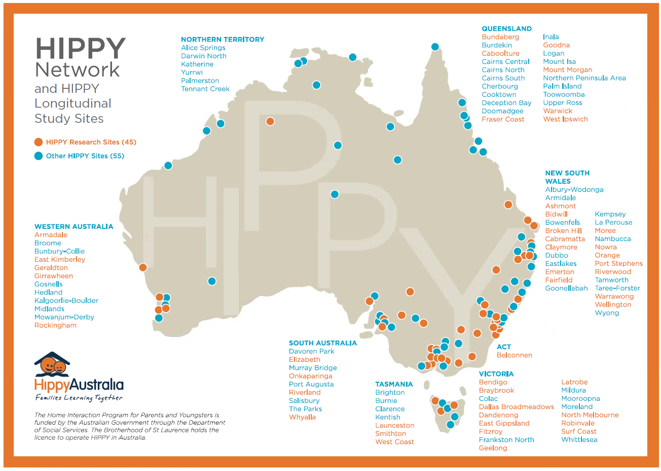 Map showing locations of HIPPY in Australia