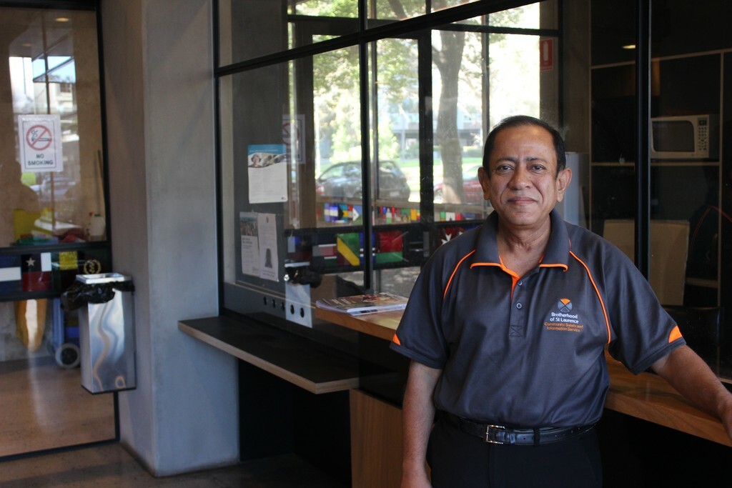Community security trainee in building foyer