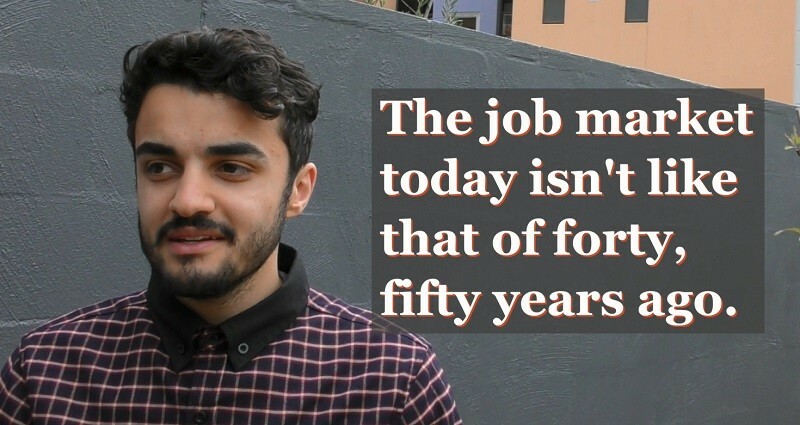 Belal with text 'The job market today isn't like that of forty, fifty years ago.'