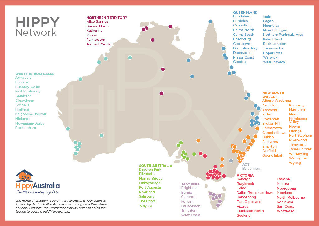 Map of HIPPY sites across Australia, marked with coloured dots. Sites include Alice Springs and Darwin North (Northern Territory), Bundaberg and Burdekin (in Queensland), Albury-Wodonga and Armidale (New South Wales), Bendigo and Braybrook (in Victoria), Brighton and Burnie (Tasmania), Davoren Park and Elizabeth (South Australia), and Armadale and Broome (Western Australia).